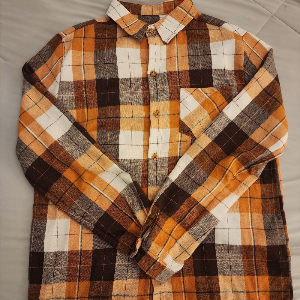 Boy's Plaid Flannel Shirt - Brown, Orange, and White